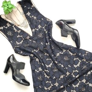 Zara Blue Black Illusion Lace V-neck Sleeveless Midi Dress Size Small